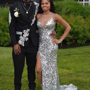 Silver Sequin Gown with Slit